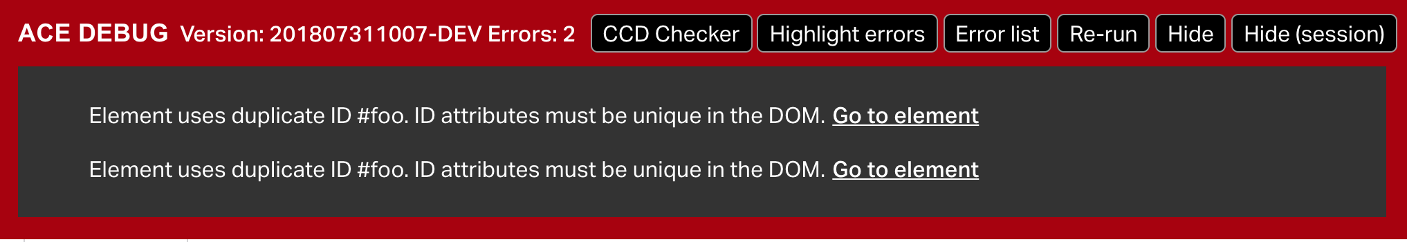 Screenshot of the debug bar with error list expanded.