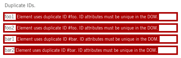 Screenshot of elements highlighted with a red border and error messages.